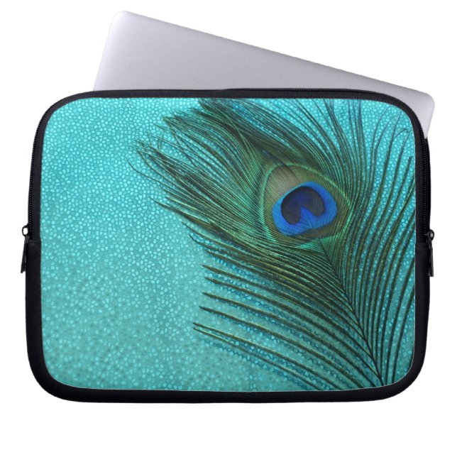 Metallic Aqua Blue Peacock Feather Laptop Sleeve (Front)