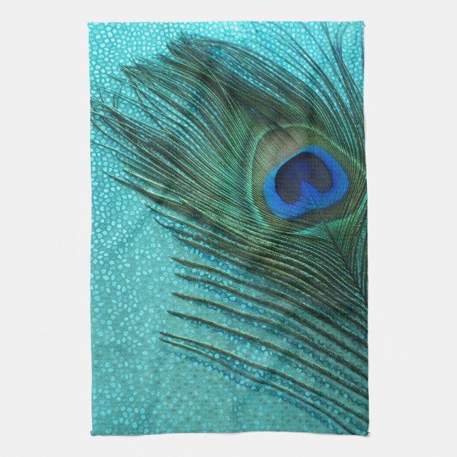 Metallic Aqua Blue Peacock Feather Tea Towel (Vertical)