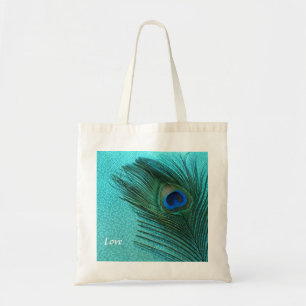Metallic Aqua Blue Peacock Feather Tote Bag