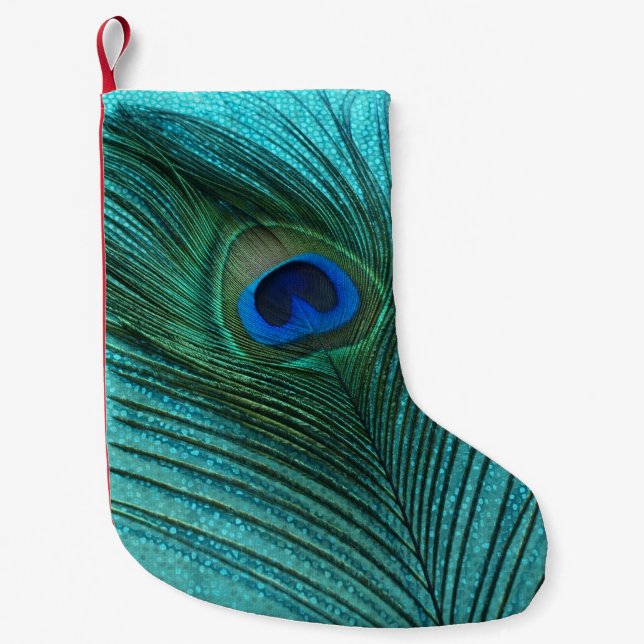 Metallic Aqua Blue Peacock Small Christmas Stocking (Front)