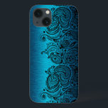 Metallic Aqua Blue With Black Paisley Lace iPhone 13 Case<br><div class="desc">Black aqua blue metallic design brushed aluminium look with black floral paisley lace.</div>