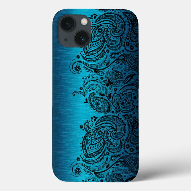 Metallic Aqua Blue With Black Paisley Lace Case-Mate iPhone Case (Back)