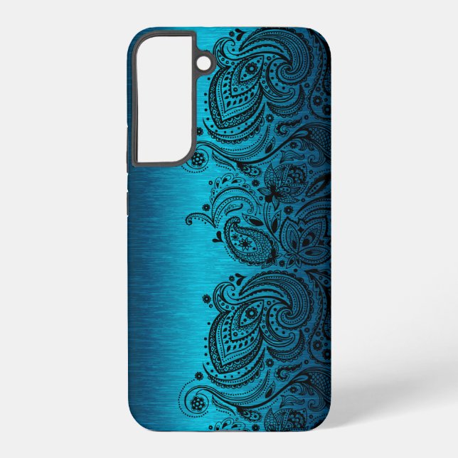 Metallic Aqua Blue With Black Paisley Lace Samsung Galaxy S22+ Case (Back)
