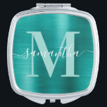 Metallic Aqua Teal Signature Monogram Compact Mirror<br><div class="desc">Create your own girly personalised name and monogrammed compact mirror for a bridesmaid.
The aqua teal faux metallic foil digital art graphic will print like a photo.
Pale teal green and white contemporary monogram with elegant signature style calligraphy design can be customised.</div>