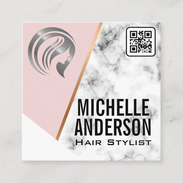 Metallic Beauty | QR Code | Pink | Marble  Square Business Card (Front)