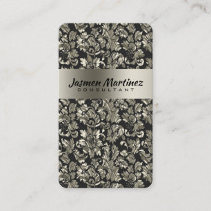 Metallic Black And  Old Silver Tone Floral Damasks Business Card
