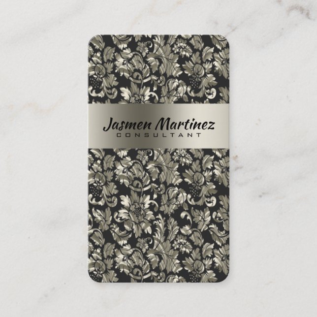 Metallic Black And  Old Silver Tone Floral Damasks Business Card (Front)