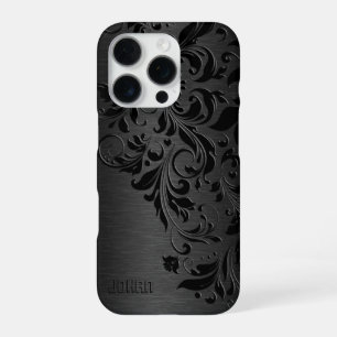 Metallic Black Brushed Aluminium & Black Lace iPhone 16 Pro Case