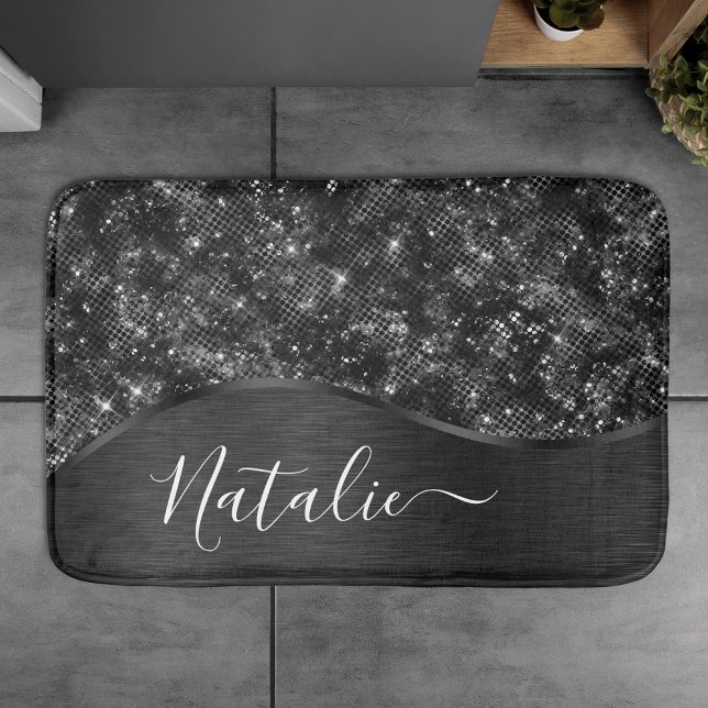 Metallic Black Glitter Personalised Bath Mat (Creator Uploaded)