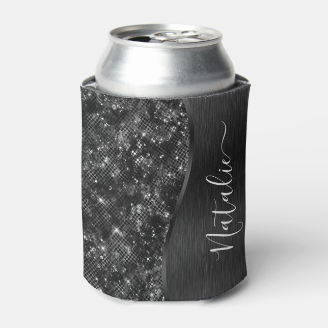 Metallic Black Glitter Personalised Can Cooler (Can Front)