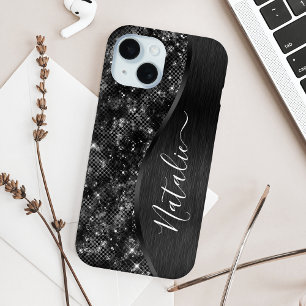 Metallic Black Glitter Personalised iPhone 15 Case