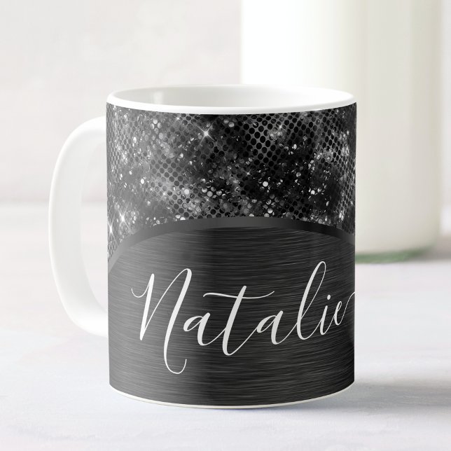 Metallic Black Glitter Personalised Coffee Mug (Creator Uploaded)