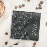 Metallic Black Glitter Personalised Glass Coaster<br><div class="desc">Easily personalise this black brushed metal and glamourous faux glitter patterned glass coaster with your own custom name.</div>