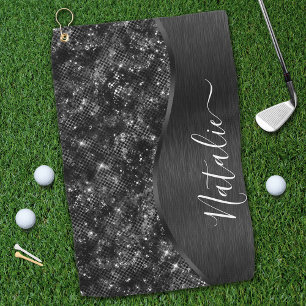 Metallic Black Glitter Personalised Golf Towel