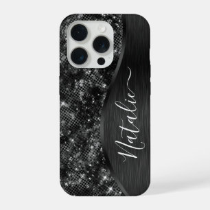 Metallic Black Glitter Personalised iPhone 15 Pro Case