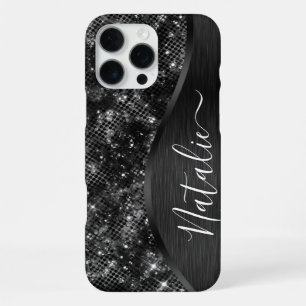Metallic Black Glitter Personalised iPhone 16 Pro Max Case