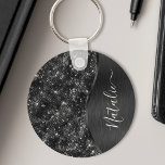 Metallic Black Glitter Personalised Key Ring<br><div class="desc">Easily personalise this black brushed metal and glamourous faux glitter patterned keychain with your own custom name.</div>