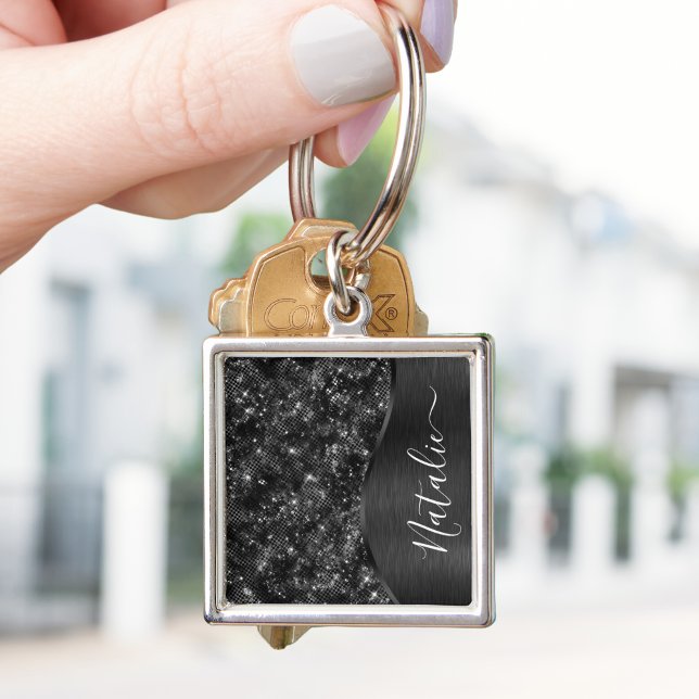 Metallic Black Glitter Personalised Key Ring (Creator Uploaded)