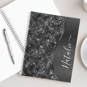 Metallic Black Glitter Personalised Notebook