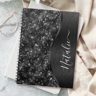 Metallic Black Glitter Personalised Notebook