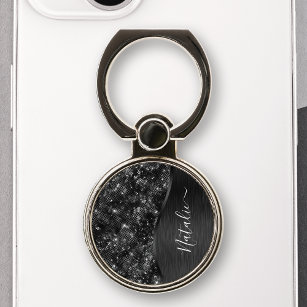 Metallic Black Glitter Personalised Phone Ring Stand