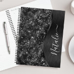 Metallic Black Glitter Personalised Planner<br><div class="desc">Easily personalise this black brushed metal and glamourous faux glitter patterned planner with your own custom name.</div>