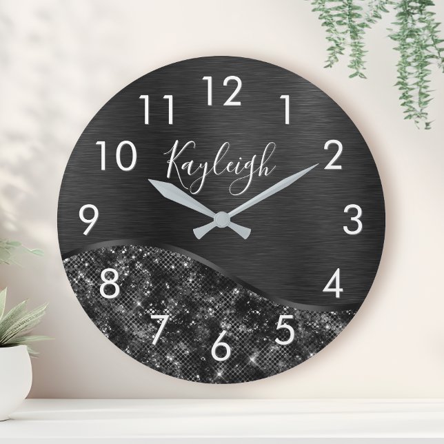Metallic Black Glitter Personalised Round Clock (Creator Uploaded)