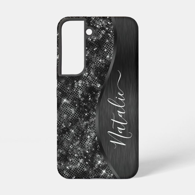 Metallic Black Glitter Personalised Samsung Galaxy S22 Case (Back)