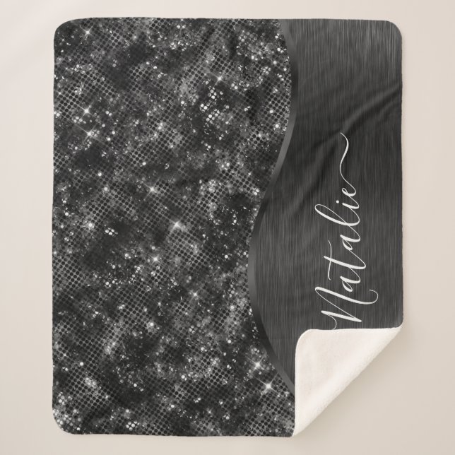 Metallic Black Glitter Personalised Sherpa Blanket (Front)