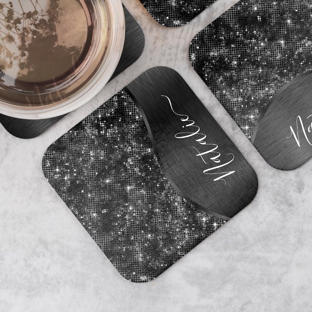 Metallic Black Glitter Personalised Square Paper Coaster (Creator Uploaded)