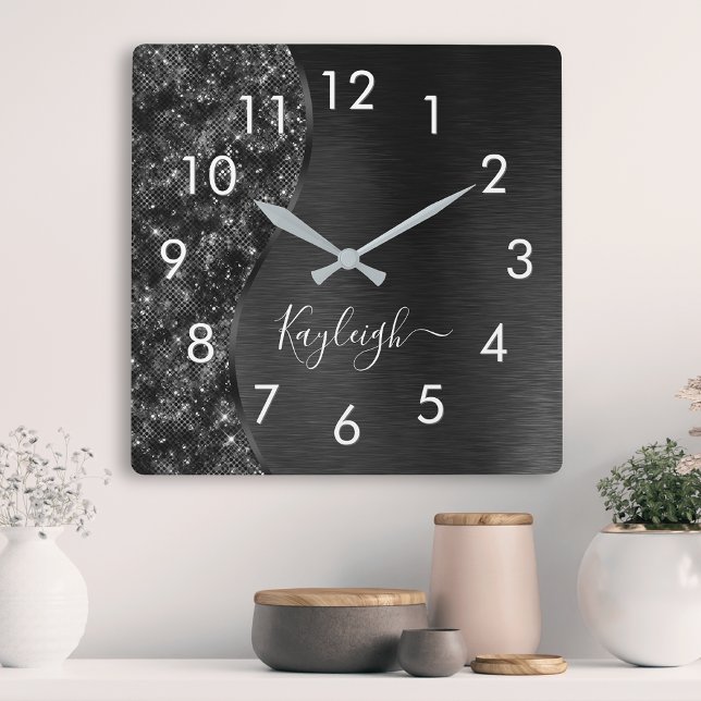 Metallic Black Glitter Personalised Square Wall Clock (Creator Uploaded)