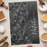 Metallic Black Glitter Personalised Tea Towel<br><div class="desc">Easily personalise this black brushed metal and glamourous faux glitter patterned kitchen towel with your own custom name.</div>