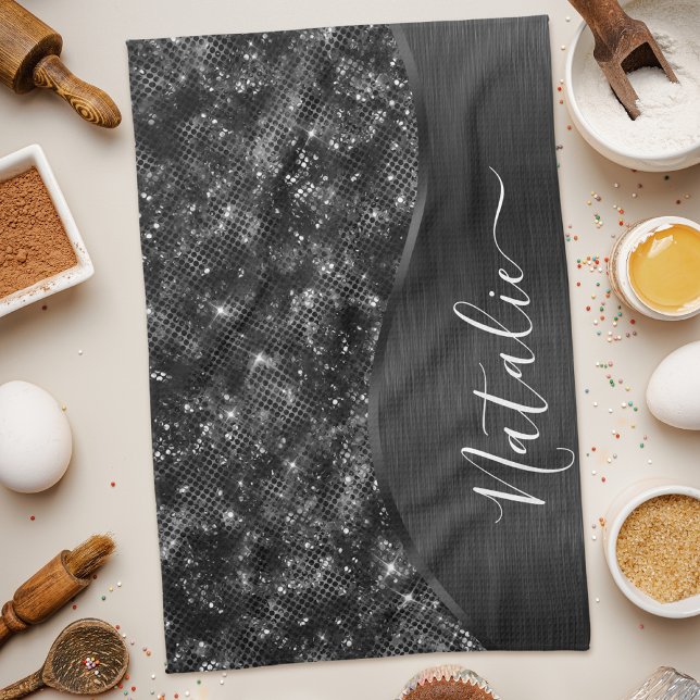  Metallic Black Glitter Personalised Tea Towel (Creator Uploaded)