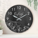 Metallic Black Glitter Personalized Round Clock<br><div class="desc">Easily personalize this black brushed metal and glamorous faux glitter patterned wall clock with your own custom name.</div>