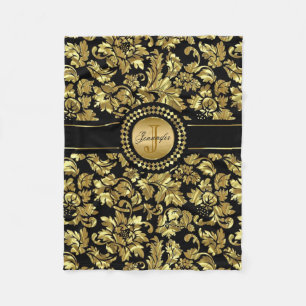 Metallic Black & Gold Vintage Damasks Monogram Fleece Blanket