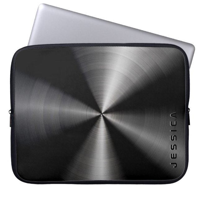 Metallic Black Slick Shiny Stainless Steel Look Laptop Sleeve (Front)