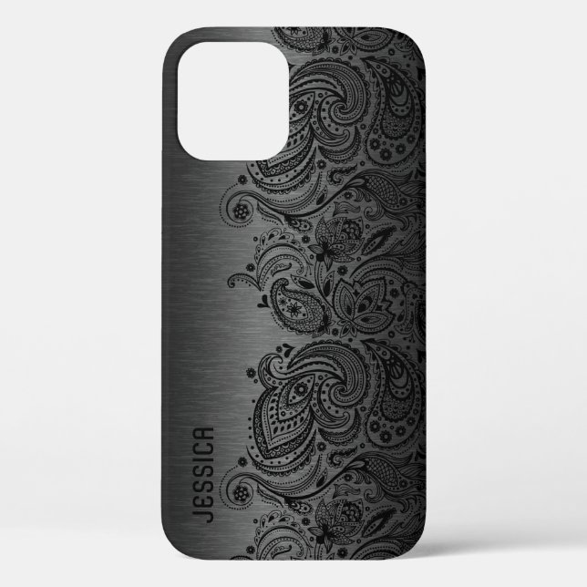 Metallic Black With Black Paisley Lace Case-Mate iPhone Case (Back)
