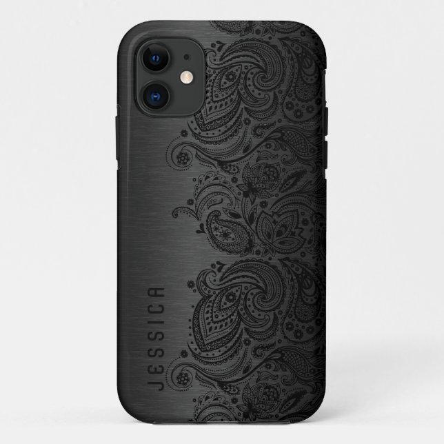 Metallic Black With Black Paisley Lace Case-Mate iPhone Case (Back)