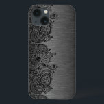 Metallic Black With Black Paisley Lace iPhone 13 Case<br><div class="desc">Black dark grey metallic design brushed aluminium look with black floral paisley lace. Customisable and optional monogram</div>