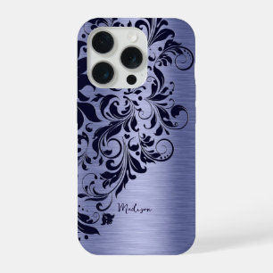 Metallic blue and dark-blue lace monogram iPhone 15 pro case