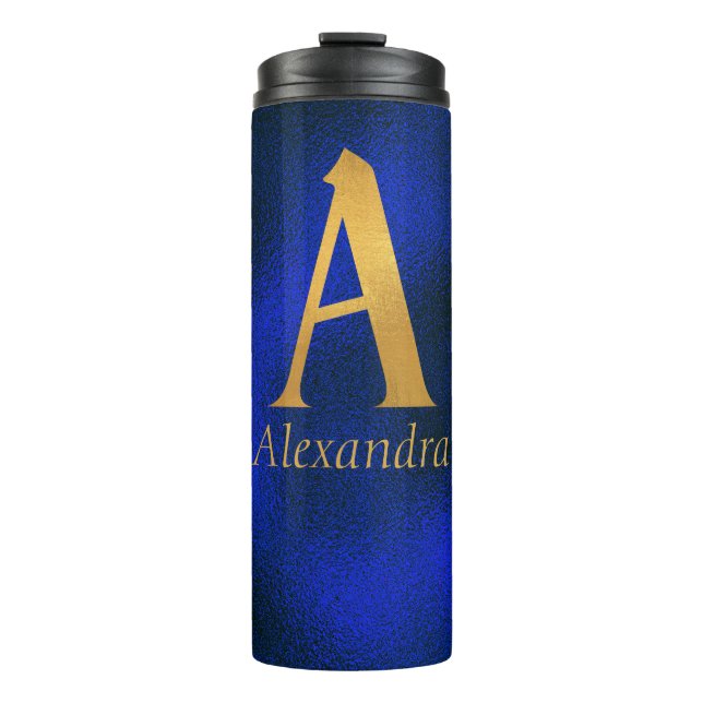 Metallic Blue and Gold Monogram A Thermal Tumbler (Front)