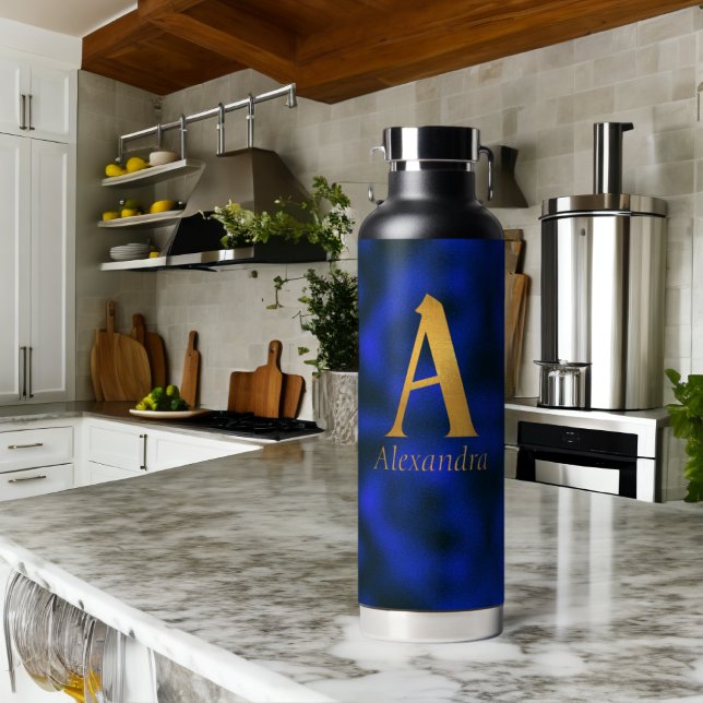 Metallic Blue and Gold Monogram A   Water Bottle (32 0z bottle is approx. 3.27" W x 11.26" H)