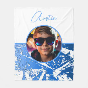 Metallic Blue and White Custom Photo with Name Fleece Blanket