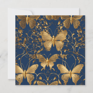 Metallic Blue Butterflies with Gold Vines Invitation