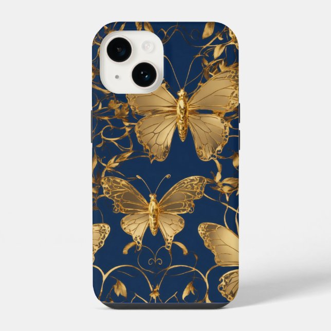 Metallic Blue Butterflies with Gold Vines iPhone Case (Back)