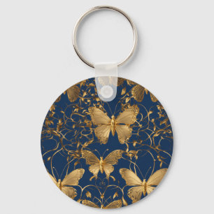 Metallic Blue Butterflies with Gold Vines Key Ring
