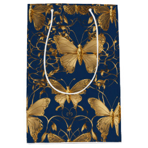 Metallic Blue Butterflies with Gold Vines Medium Gift Bag