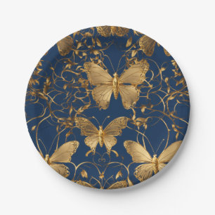Metallic Blue Butterflies with Gold Vines Paper Plate