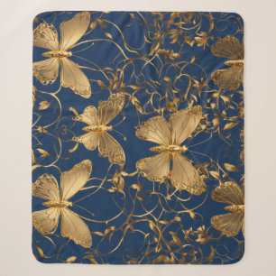 Metallic Blue Butterflies with Gold Vines Sherpa Blanket