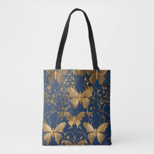 Metallic Blue Butterflies with Gold Vines Tote Bag